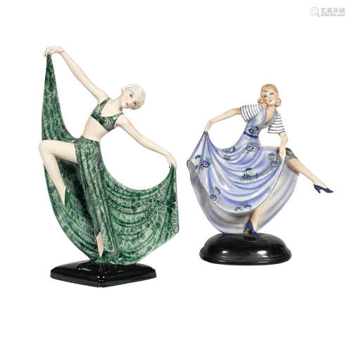 STAMPED MAKER'S MARKS, CIRCA 1925 Two Goldscheider art deco ceramic dancing girl Figurines