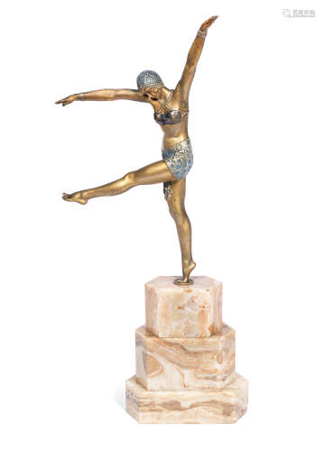 ENGRAVED TO BASE 'Chiparus'; CIRCA 1925 'Dancer of Olynthus' an Art Deco Gilded and Silvered Bronze Model by Demetre Chiparus