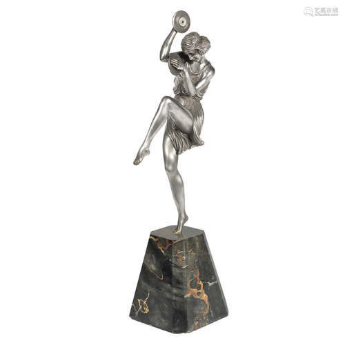 SIGNED TO BASE, CIRCA 1925 'Cymbal Dancer' an art deco silvered bronze study by pierre le faguays