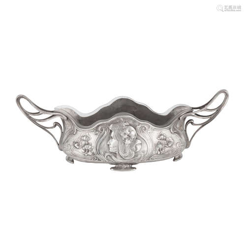 STAMPED MAKER'S MARKS, CIRCA 1900 a WMF figural plated pewter art nouveau twin-handled centrepiece with detachable glass liner