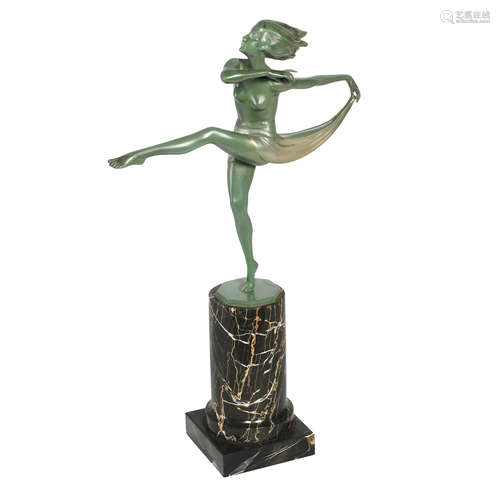 SIGNED IN CAST, CIRCA 1925 an art deco patinated bronze model of a scarf dancer by Josef Lorenzl