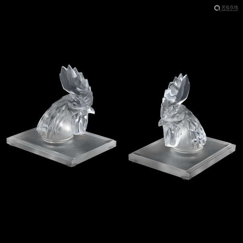 INSCRIBED TO EACH BASE 'Lalique@France'; SECOND HALF 20TH CENTURY A Pair of Lalique Frosted and Polished Glass 'Tête De Coq' Bookends