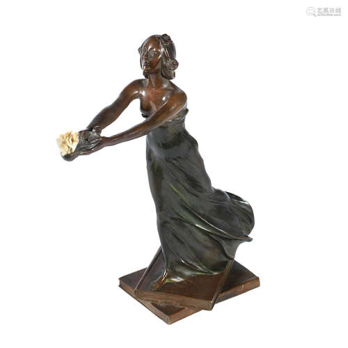 SIGNED IN CAST, CIRCA 1900 an art nouveau patinated bronze figural oil lamp modelled as a bare-breasted maiden by gustav gurschner