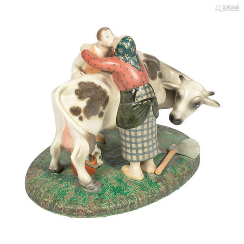 MAKER'S MARKS, CIRCA 1935 a lenci pottery study of a man and woman embracing with cow