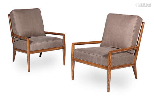 American walnut, upholstered cushions, 66cm wide x 79cm deep x 87cm high  T.H Robsjohn-Gibbings (English/American 1905-1976)  A pair of lounge chairs,c. 1950, manufactured by Widdicomb Furniture Company, Grand Rapids, Michigan