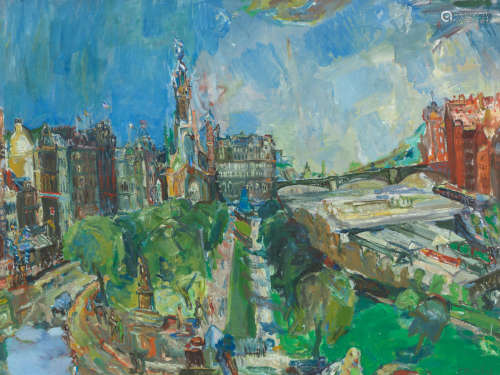 Princes Street, Edinburgh, looking east 77 x 102 cm. (30 5/16 x 40 3/16 in.) Sir Robin Philipson RA PRSA FRSA RSW RGI DLitt LLD(British, 1916-1992)