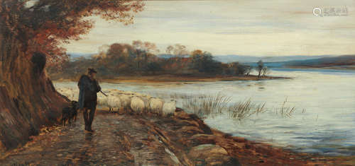 Shepherd and Flock by a Loch  41 x 85.5 cm. (16 1/8 x 33 11/16 in.) John MacWhirter, RA HRSA RI RE(British, 1839-1911)