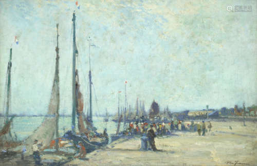 On a quayside, possibly Bordeaux 50.5 x 77 cm. (19 7/8 x 30 5/16 in.) Alexander(Alec) Coutts Fraser (British, active 1886-1939)