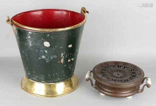 19th Century large brass bucket with polychromy black-red, and one copper coal stove. Size: 38 x