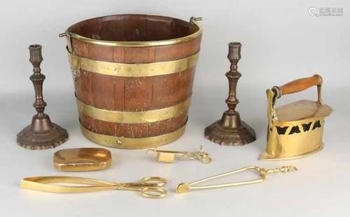 Various antique copper work. Two candlesticks, 18th century. Oak bucket with brass, iron, tobacco