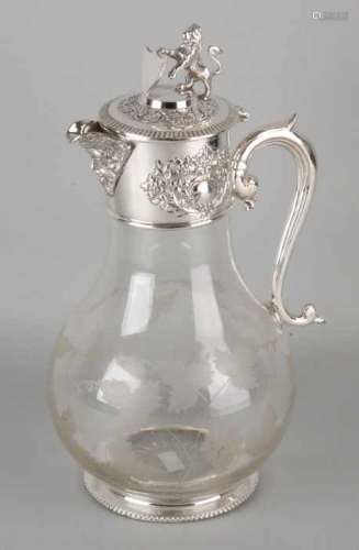Large beautiful etched decorated jug with plated base with pearl rim, handle and frame with spout