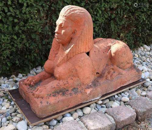 Two large 19th century terracotta garden sphinxes. 1 restoration needs other whole. Dim. 72x108x45