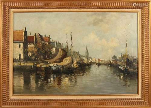 J. Vos. Circa 1930. Dutch harbor view. Oil paint on linen. Size: 40 x 60 cm. In good condition. J.