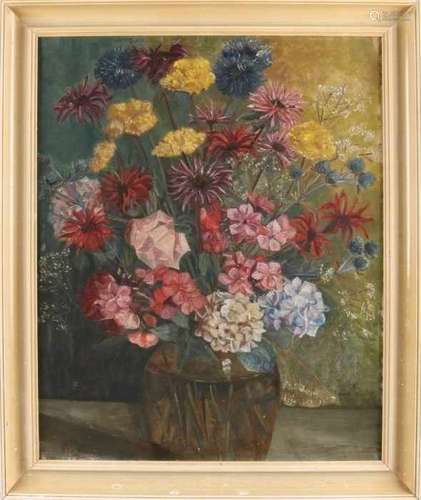 Unclear signed lower left. Vase with Flowers. Oil paint on linen. Size: 45 x 55 cm. In good