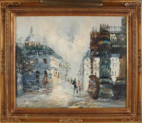 Unclear signed. 20th century. Paris' cityscape with figures. Oil paint on linen. Size: 50 x 60 cm.