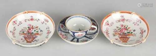 Three parts of 19th century Chinese porcelain. Two Family Rose plates, one damaged. One Family