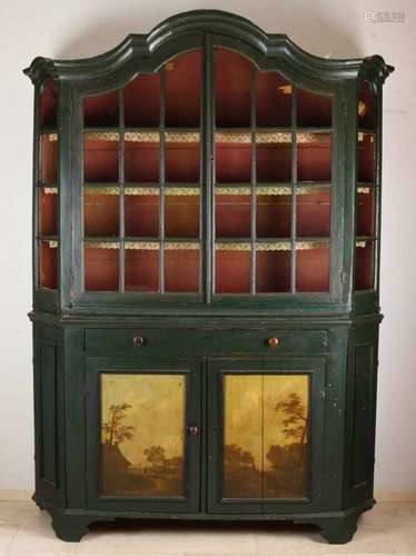 18th Century Dutch painted Zaanse Baroque porcelain cabinet with landscape painting. Pinewood. Size: