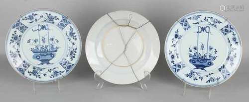 Three times 18th century Chinese porcelain plates with flower pot decors. One minimum chip board.