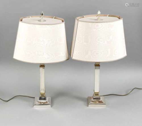 Two plated and gold-plated table lamps. Greek columns. Second half of the 20th century. Size: 70 cm.