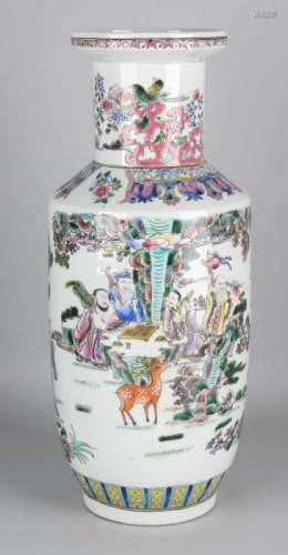 Large Chinese porcelain Family Rose collar vase with deer and figures decor. Republican style.