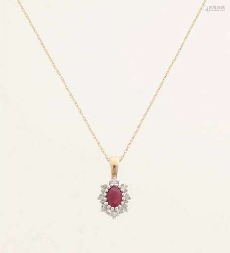 Yellow gold necklace and pendant, 585/000, with ruby ​​and diamonds. fine twisted necklace with an