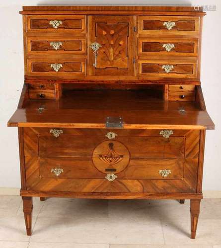 Rare two-part 18th century German walnuts Louis Seize writing secretary with intarsia. Circa 1780.