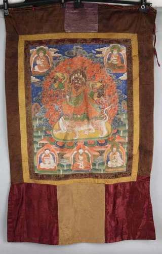 Antique Tibetan Tangka. Handpainted on silk. Size: 112 x 64 cm. In good condition. Antikes