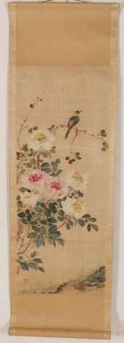 Antique Chinese signed handpainted scroll painting with bird in blossom bosschage. Watercolor on