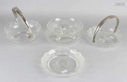 Crystal bowls and a fruit bowl with saucer. Two crystal dishes with scalloped edge, fan shavings and