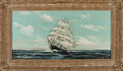 Unclear signed. Clipper at sea. Oil paint on linen. Size: 40 x 80 cm. In good condition. Unklar