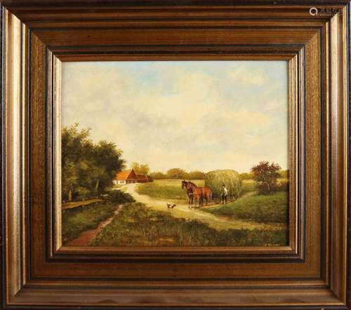 Anton Reuvers. (Enschede). Landscape with hay wagon, farmer with dog. Oil paint on panel. Size: 24 x