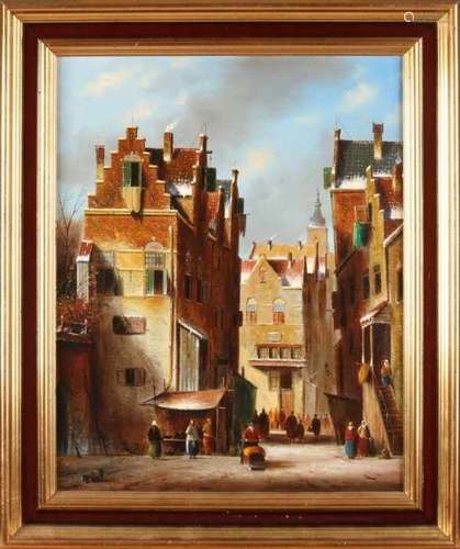 Unsigned. Second half of the 20th century. Dutch cityscape with figures. Oil paint on linen. Size: