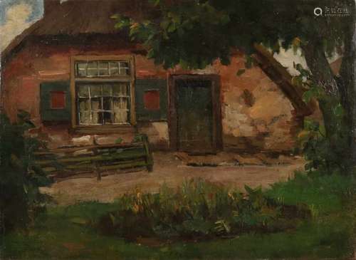 Unsigned. Circa 1900. Farm at tree. Oil paint on linen. Size: 33 x 44 cm. In good condition. Nicht