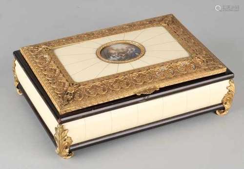 Old box with ivory imitation, miniature painting on ivory and gold plated brass frames. 20th