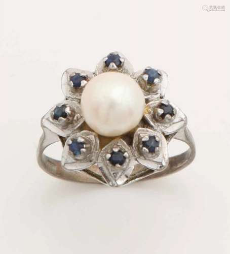 Silver ring, 835/000, with pearl and blue stones. Ring with a rosette with leaves set with blue