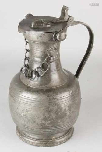 Large branded antique pewter flask with ram's head on lid. Signature, crown APJ and AM Size: 34 x 17