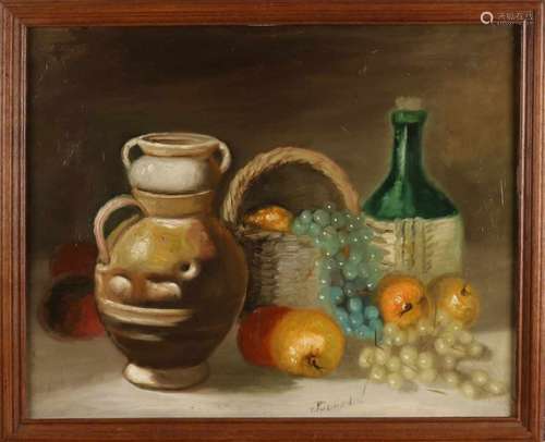 Juanele. Still life with fruit, jug and wine bottle. Oil paint on linen. Size: 50 x 60 cm. In good