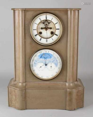 Large antique marble pendulum with calendar, moon phase, day, date and month indication. Eight-day