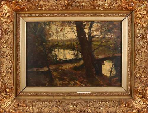 L. de Leeuw. Louis. Circa 1900. 1875 - 1931. Forest face with brook. Oil paint on panel. Size: 38