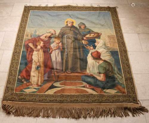 Antique religious tapestry with holy figures. Circa 1900. Size: 113 x 140 cm. In good condition.