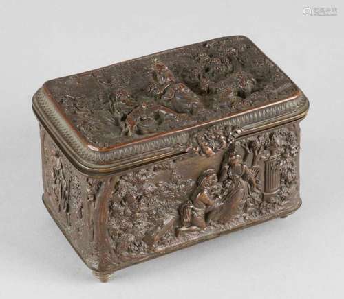 Antique brass historicalism box with figures and animals in landscape. Circa 1900. Size: 7.5 x 7.5 x