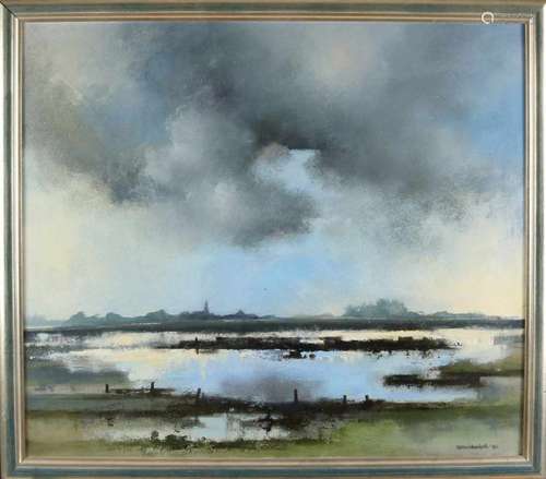 Sjoerdje Mulder Hak. 1945. Dutch river view high water IJssel. Oil paint on panel. Size: 70 x 80 cm.