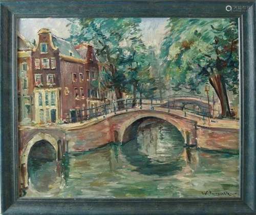 W. Jungschlager. Circa 1940. 1913 - 1992. Dutch canalscape. Oil paint on linen. Size: 60 x 50 cm. In