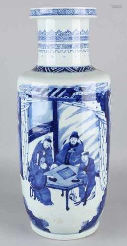 Large old Chinese blue / white vase with around figures decor in garden and house. Size: 45.5 x 17