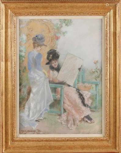 Eisman Semenowsky Paris. 1857-1911. Two ladies at park bench. Pastel on paper. Size: 31 x 41 cm.