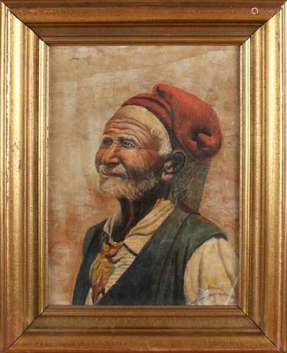 Almati. Circa 1940. Oriental portrait old man. Oil paint on linen. Size: 39 x 27 cm. In good