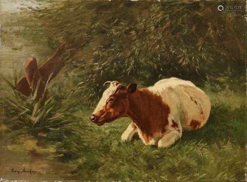 Frans Beckers. 1898 - 1983. Resting cow. Oil paint on linen. Size: 30 x 40 cm. In good condition.