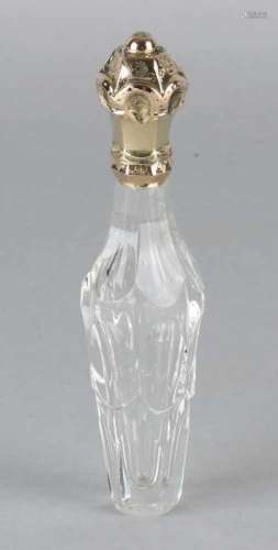crystal cap bottle with yellow gold cap, 585/000, fumed vial with grinding with yellow gold collar
