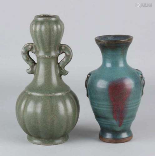 Two old glazed Chinese porcelain vases. Consisting of: Blue / green glaze vase and a gray / green
