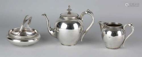 Silver tableware, 833/000, 3 parts with tea jug, milk jug and sugar bowl with handle, ball model